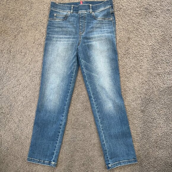 SPANX EVERY WEAR Pull On Straight Leg 5 Pocket Blue Denim Jeans - EUC - Size L - Picture 1 of 10